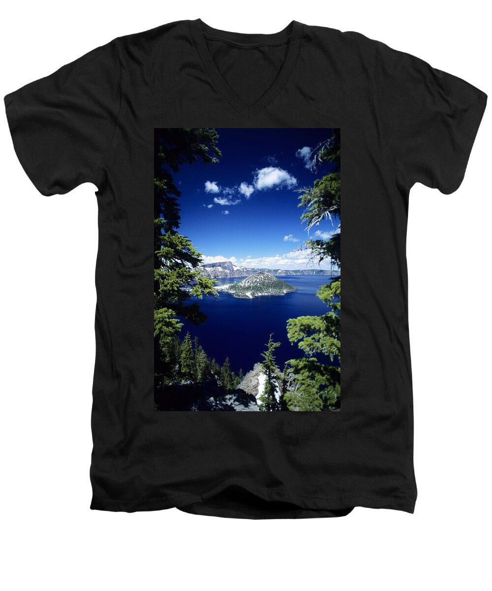 Allan Seiden Men's V-Neck T-Shirt featuring the photograph Crater Lake by Allan Seiden - Printscapes