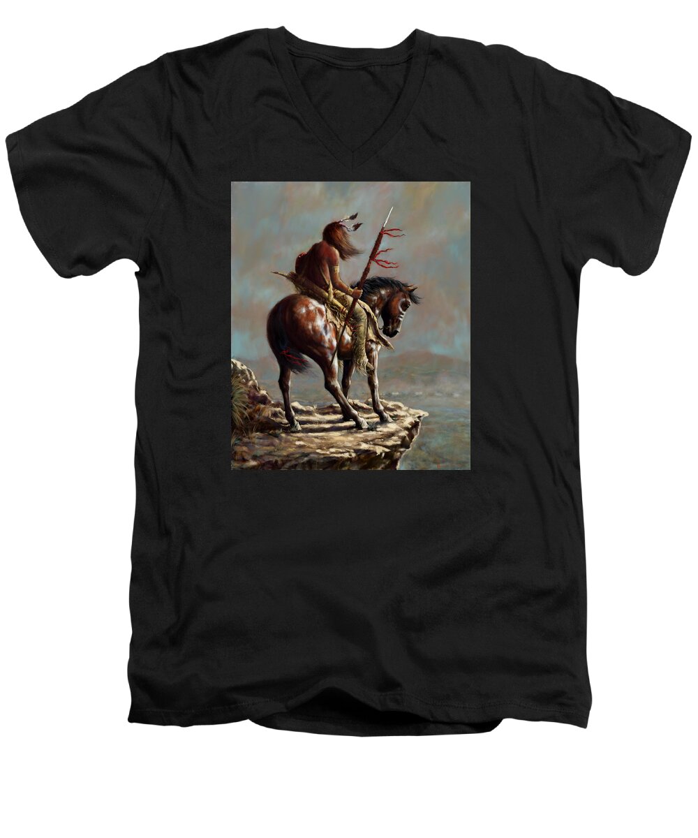 Crazy Horse Men's V-Neck T-Shirt featuring the painting Crazy Horse_Digital Study by Harvie Brown