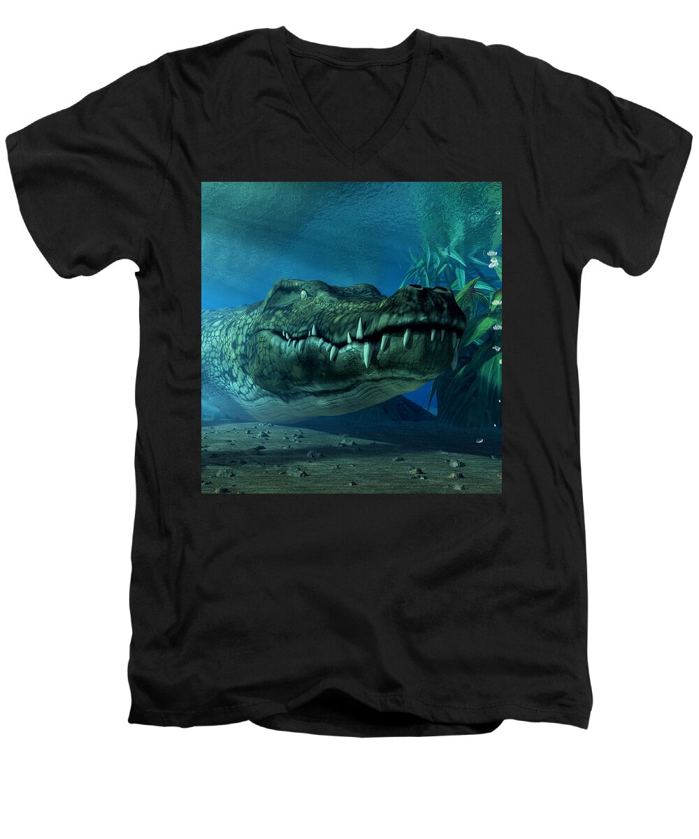 Crocodile Men's V-Neck T-Shirt featuring the digital art Crocodile by Daniel Eskridge