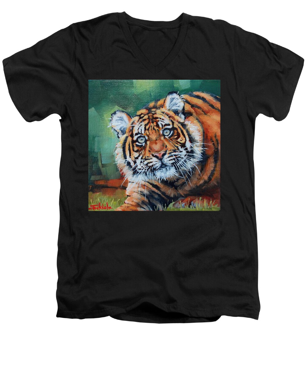 Tiger Men's V-Neck T-Shirt featuring the painting Crouching Tiger by Margaret Stockdale