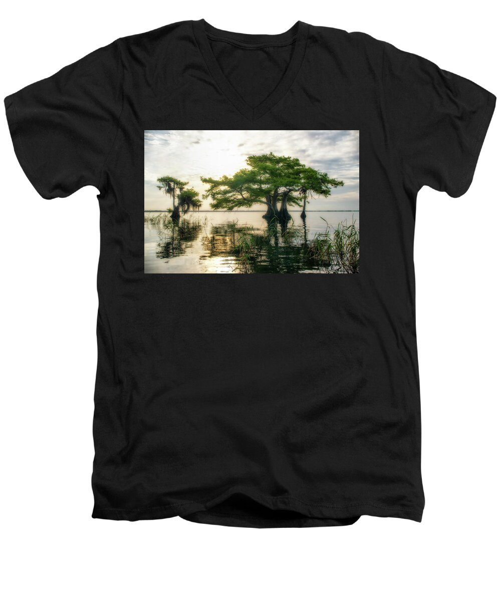Crystal Yingling Men's V-Neck T-Shirt featuring the photograph Cypress Bonsai by Ghostwinds Photography