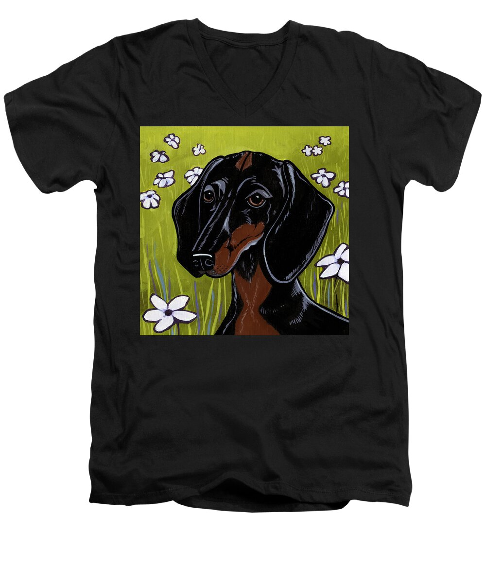 Dachshund Men's V-Neck T-Shirt featuring the painting Dachshund by Leanne Wilkes