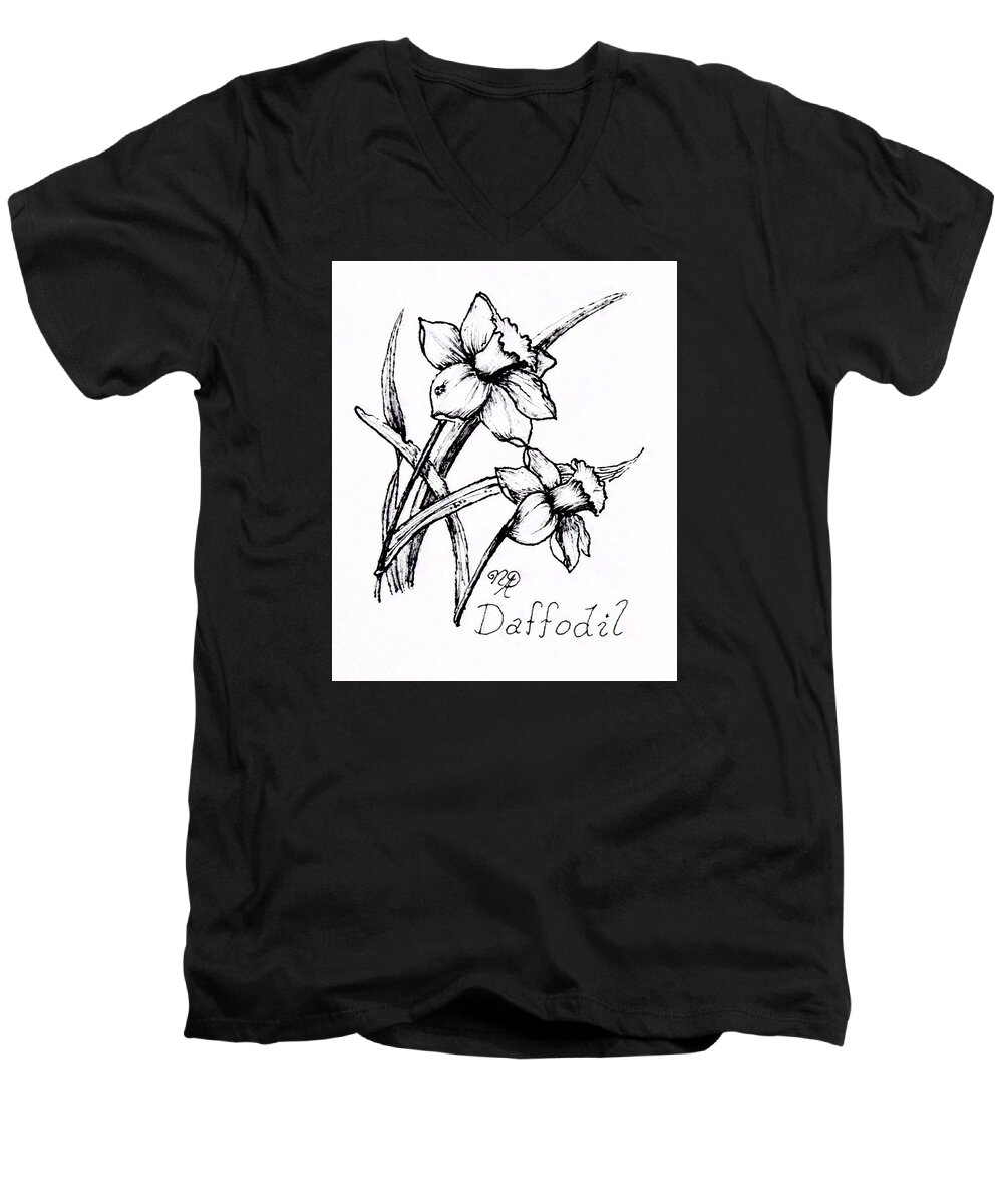 Daffodil Men's V-Neck T-Shirt featuring the drawing Delightful Daffodils by Nicole Angell