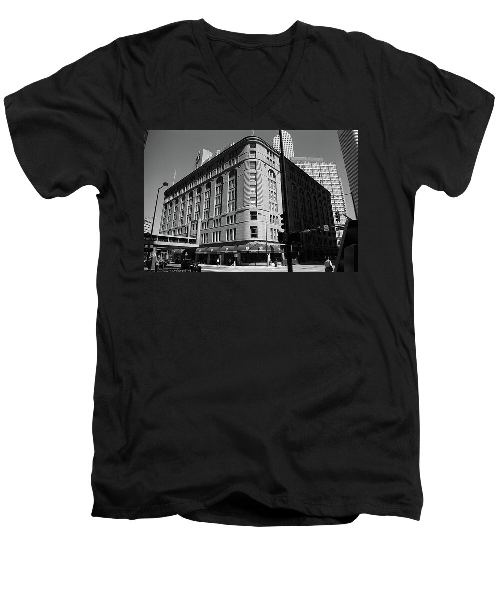 America Men's V-Neck T-Shirt featuring the photograph Denver Downtown BW by Frank Romeo