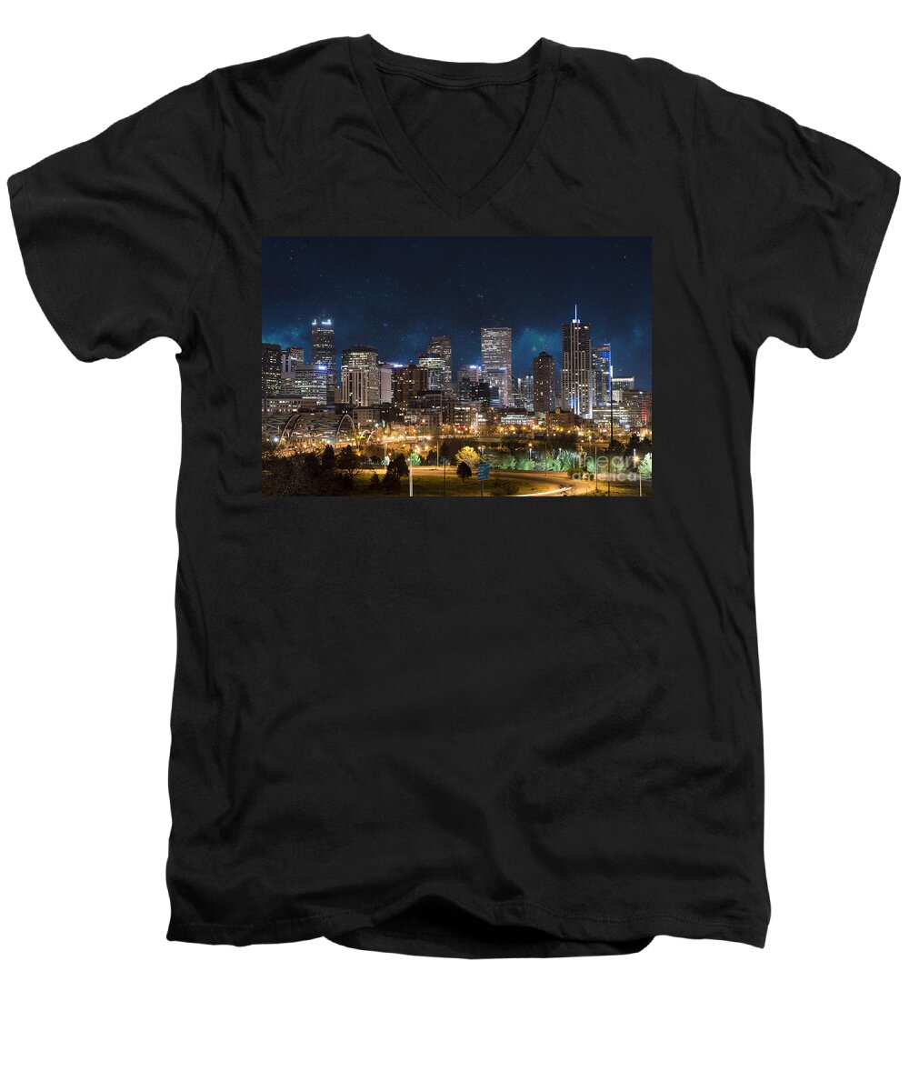 America Men's V-Neck T-Shirt featuring the photograph Denver Under a Night Sky by Juli Scalzi