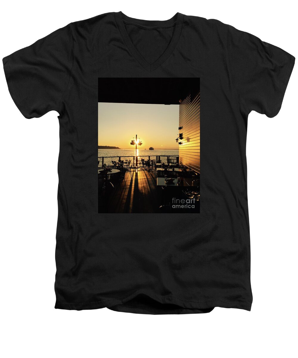 Sunset Men's V-Neck T-Shirt featuring the photograph Dinner on the water by LeLa Becker