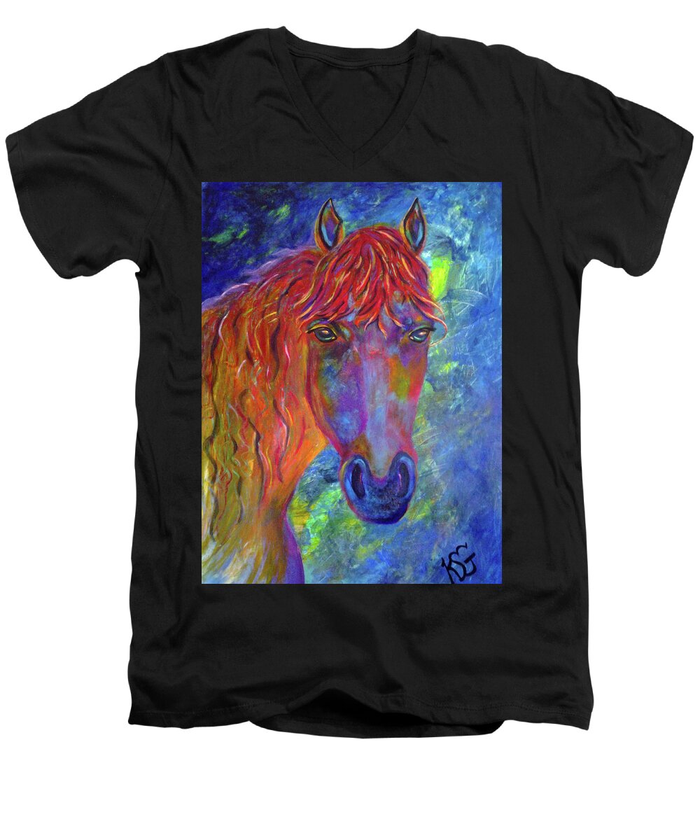 Horse Head Men's V-Neck T-Shirt featuring the painting Direct Ingredients by Kim Shuckhart Gunns