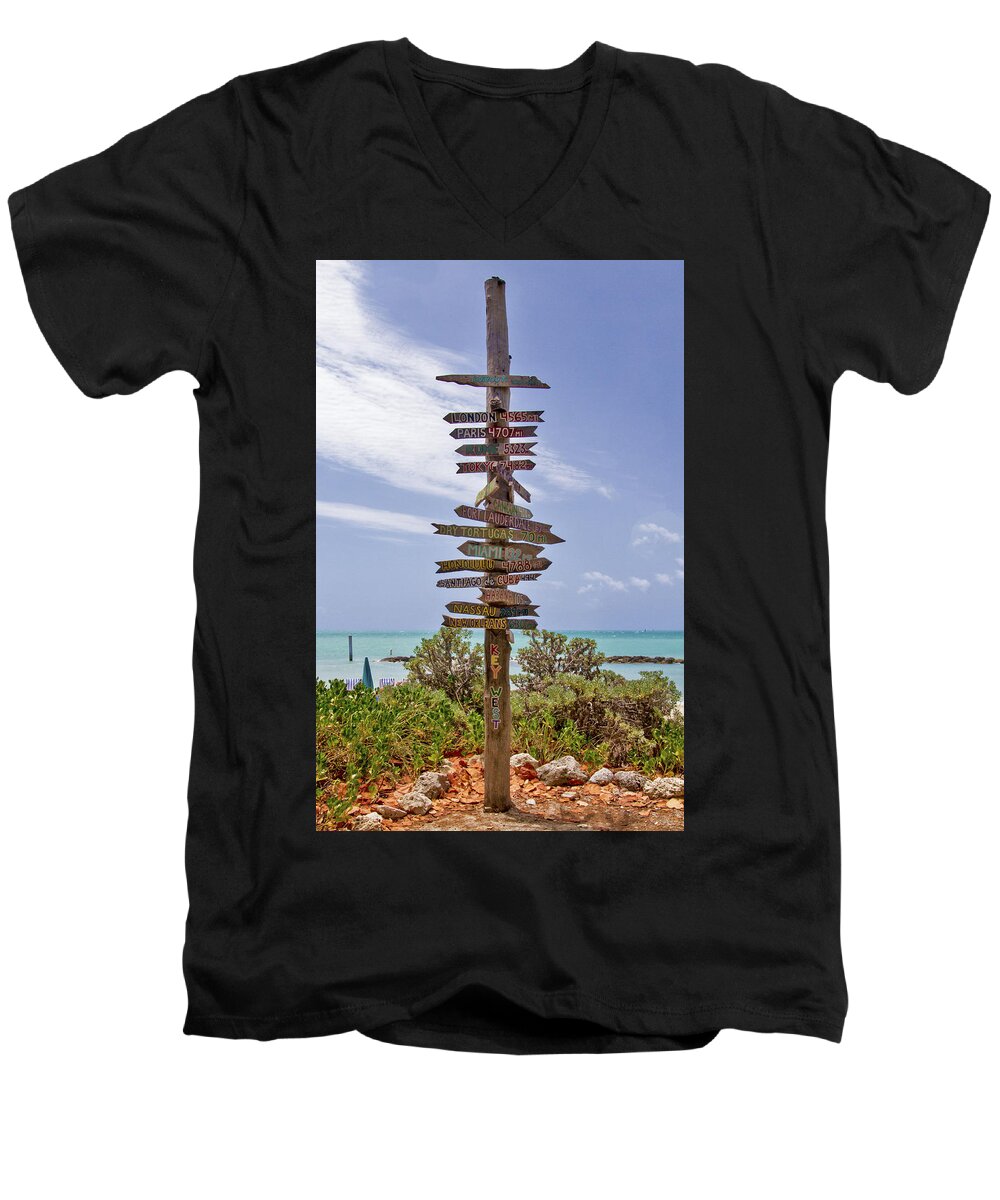 Signpost Men's V-Neck T-Shirt featuring the photograph Distance From Key West by Bob Slitzan