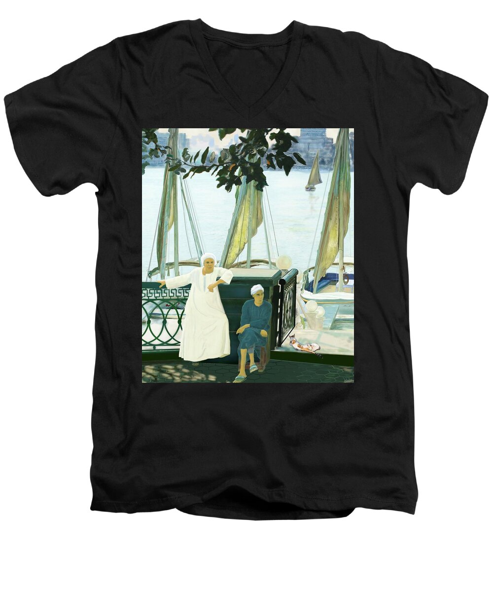 Victor Shelley Men's V-Neck T-Shirt featuring the painting Dok Dok Landing Stage by Victor Shelley