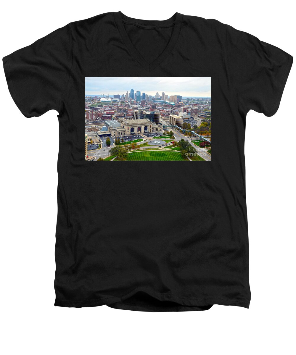 Union Station Men's V-Neck T-Shirt featuring the photograph Downtown Kansas City from Liberty Memorial Tower by Catherine Sherman