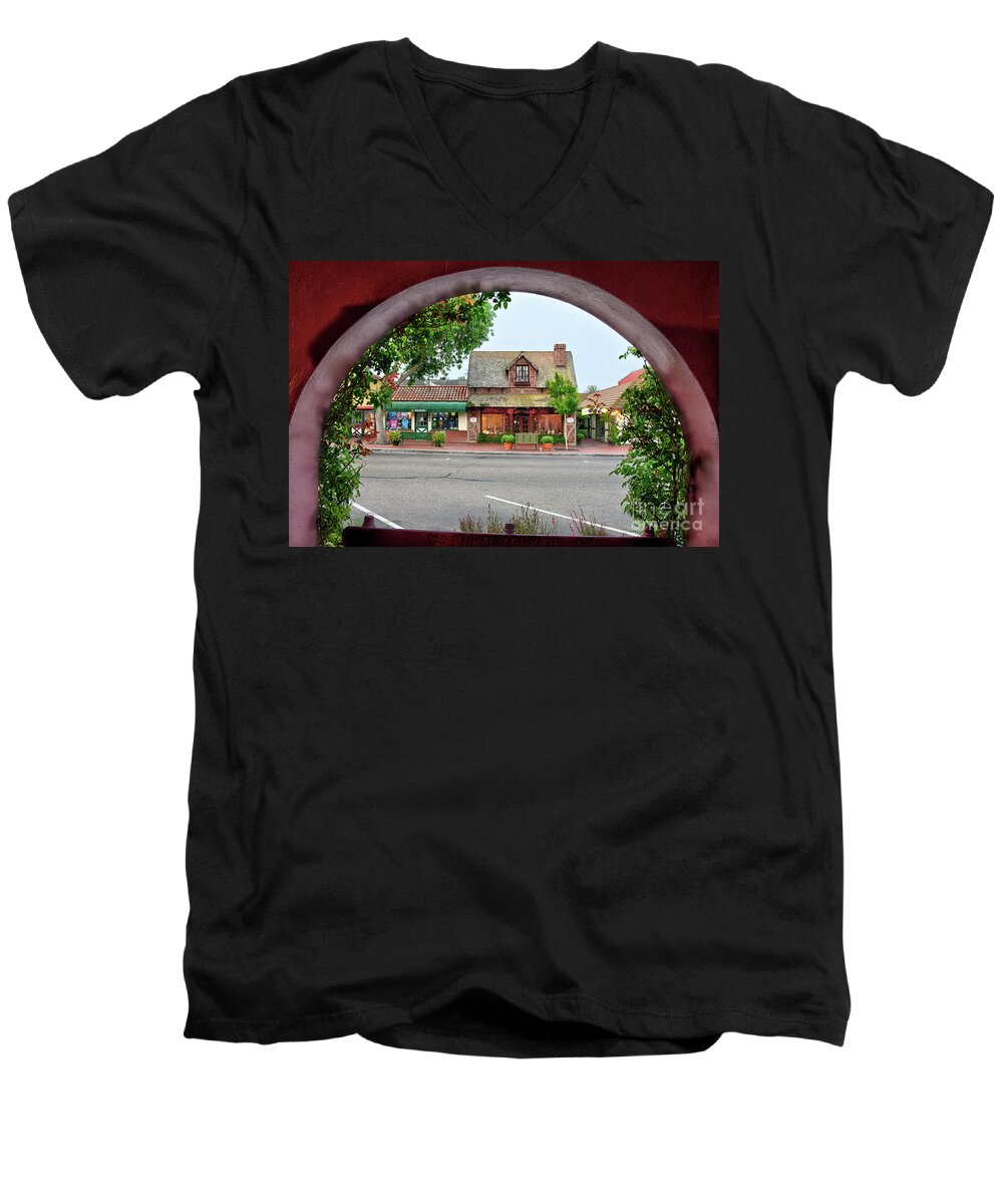 Downtown Men's V-Neck T-Shirt featuring the photograph Downtown Solvang by Eddie Yerkish