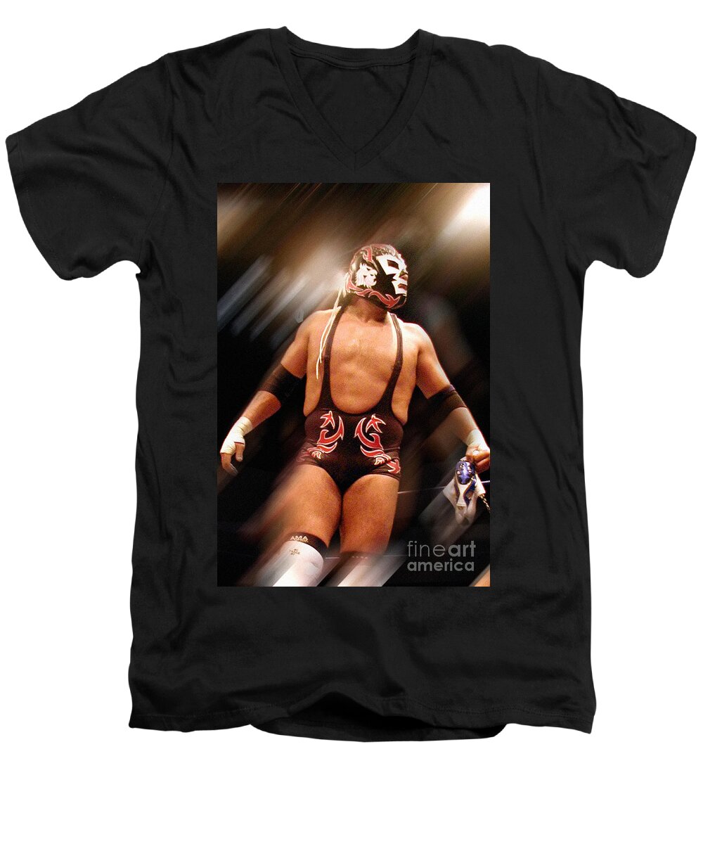 Lucha Libre Men's V-Neck T-Shirt featuring the photograph Dr. Wagner With The Mask of Atlantis - lucha libre blur by Dorothy Lee