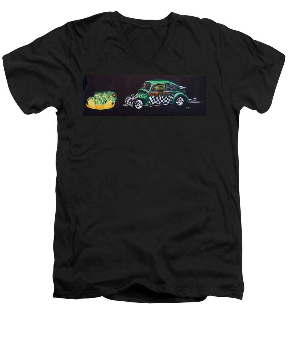 Vw Men's V-Neck T-Shirt featuring the painting Drag Racing VW by Richard Le Page