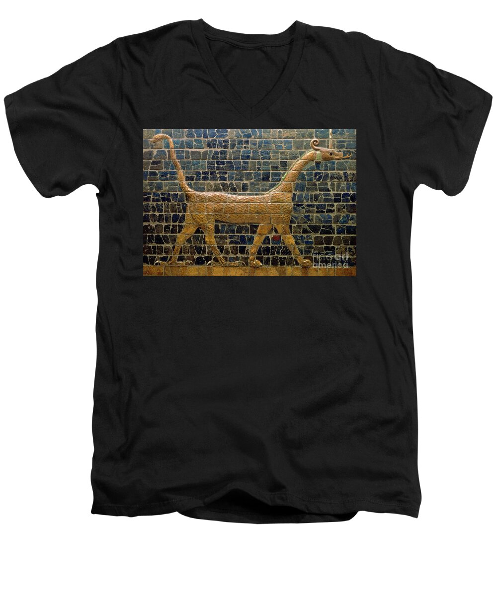 Dragon Men's V-Neck T-Shirt featuring the photograph Dragon of Marduk - On the Ishtar Gate by Anonymous
