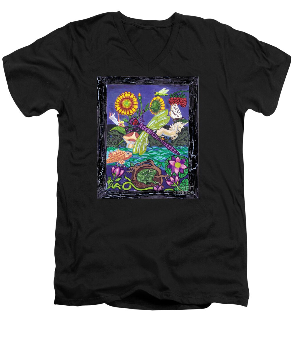 Dragonfly Men's V-Neck T-Shirt featuring the painting Dragonfly and Unicorn by Genevieve Esson