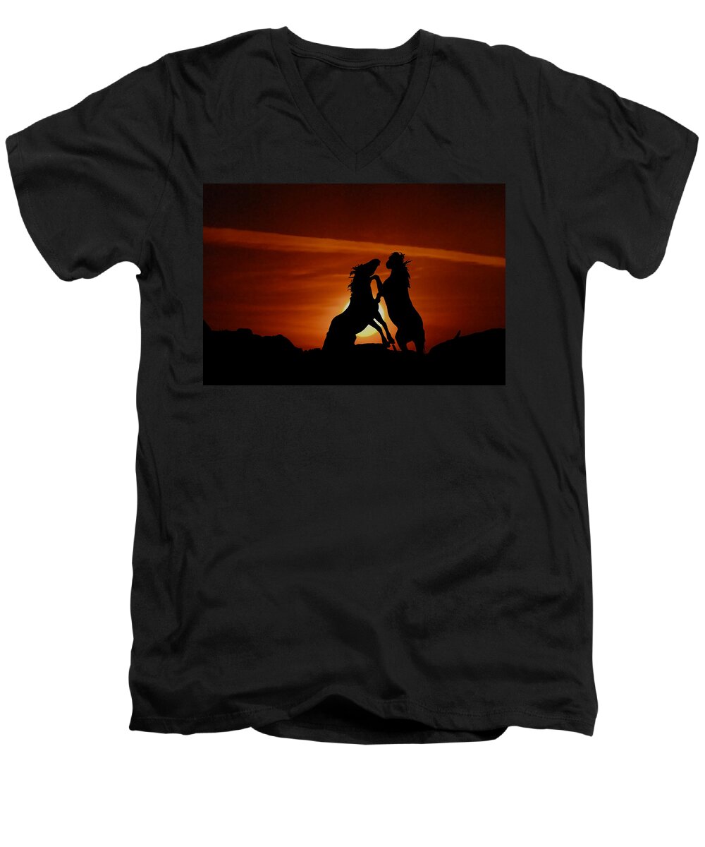 Mustangs Men's V-Neck T-Shirt featuring the photograph Duel At Sundown by Gary Beeler