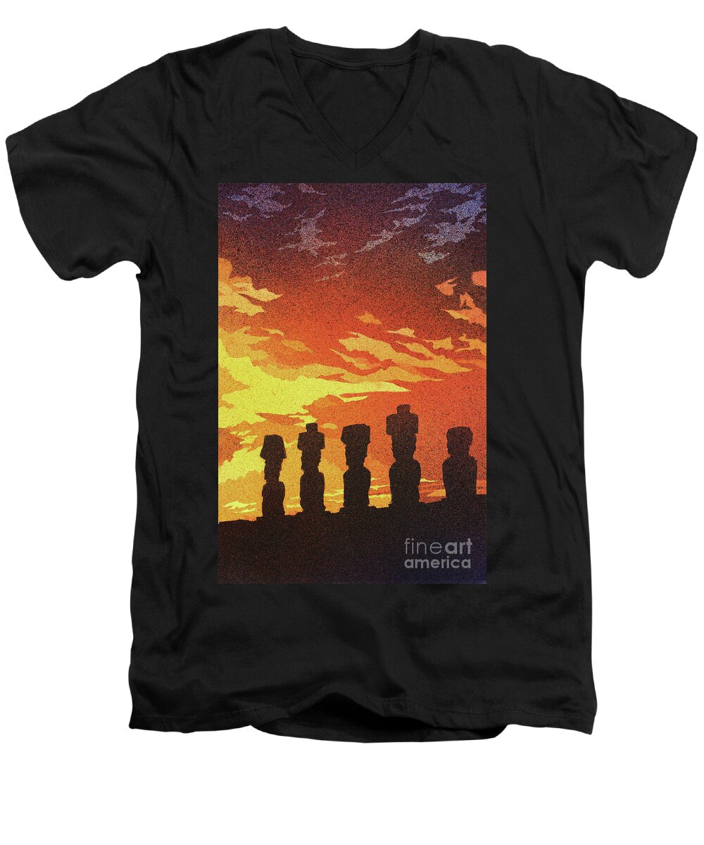 Ahu Men's V-Neck T-Shirt featuring the painting Easter Island Sunset by Ryan Fox
