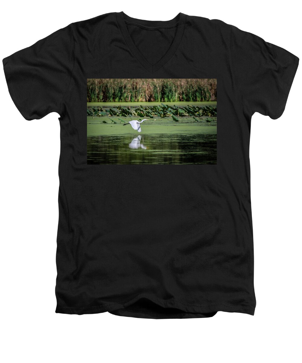 Egret Men's V-Neck T-Shirt featuring the photograph Egret Over Wetland by Ray Congrove