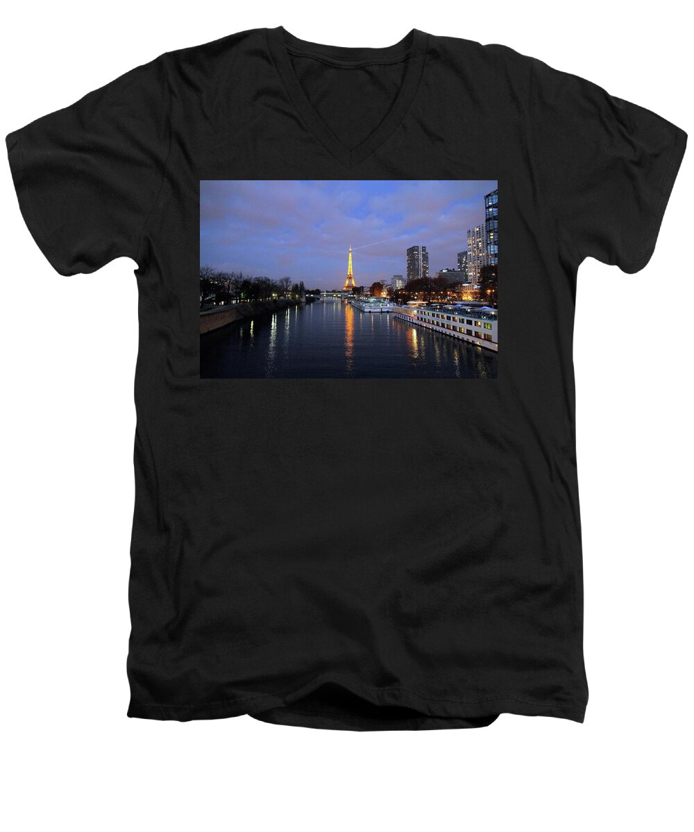 Photosbymch Men's V-Neck T-Shirt featuring the photograph Eiffel Tower over the Seine by M C Hood