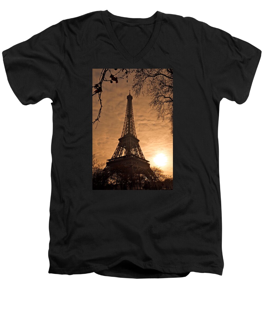 Lawrence Men's V-Neck T-Shirt featuring the photograph Eiffel Tower Sunset by Lawrence Boothby