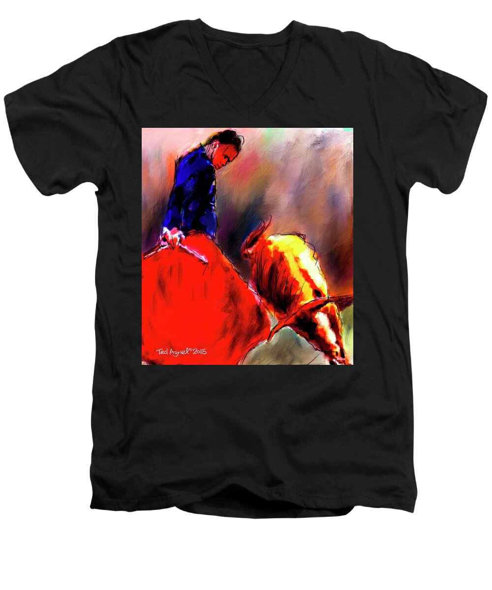 Bull Fighting Men's V-Neck T-Shirt featuring the painting El Matador by Ted Azriel