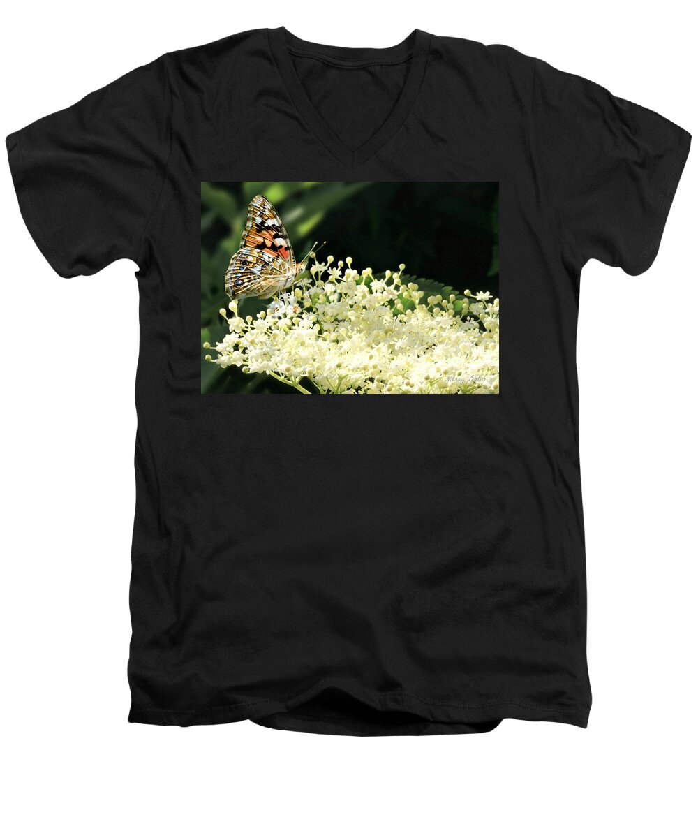 Butterfly Men's V-Neck T-Shirt featuring the photograph Elderflower and Butterfly by Morag Bates