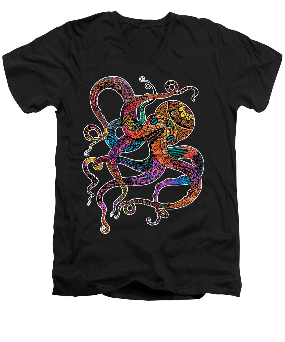 Octopus Men's V-Neck T-Shirt featuring the digital art Electric Octopus on Black by Tammy Wetzel