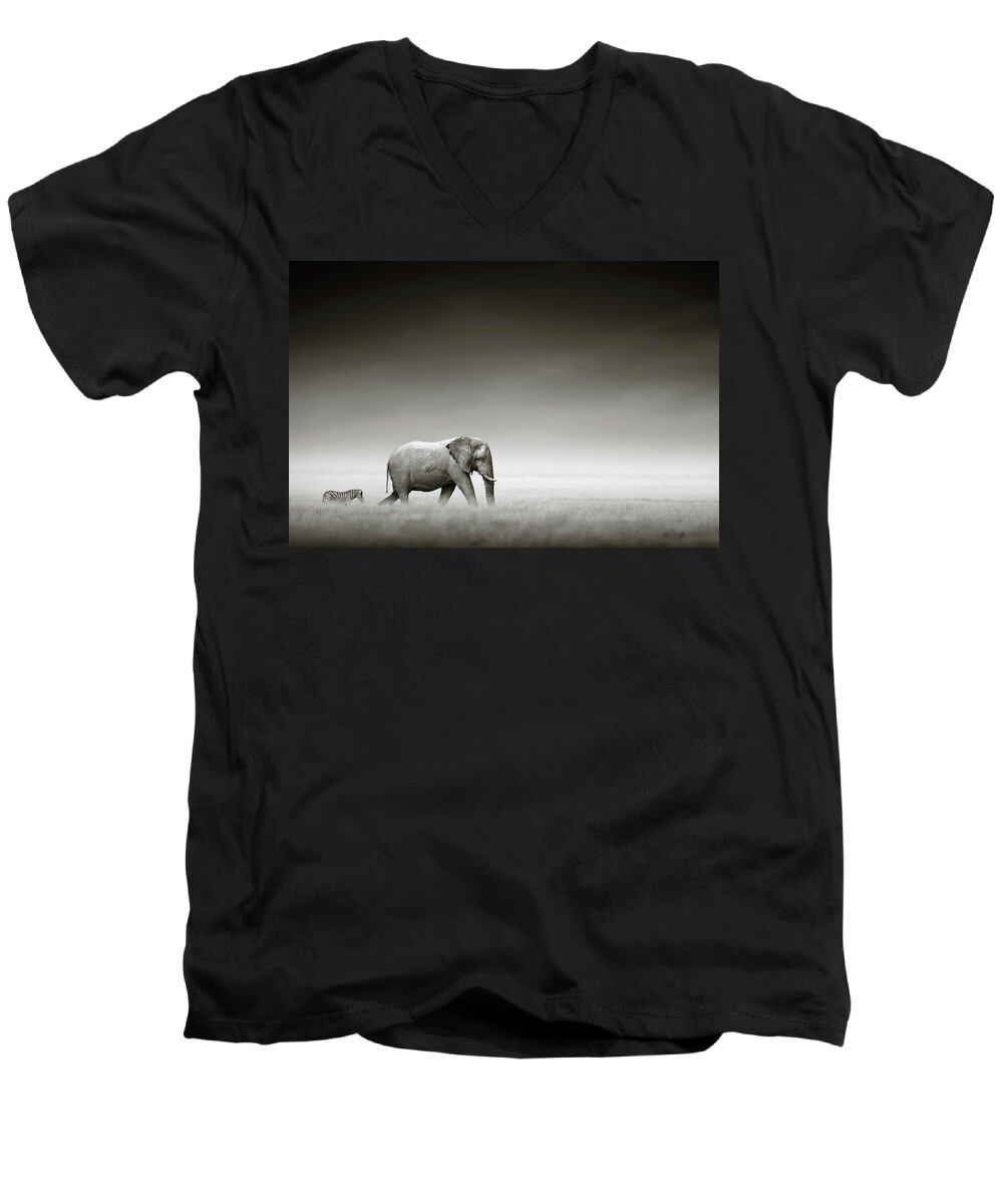 #faatoppicks Men's V-Neck T-Shirt featuring the photograph Elephant with zebra by Johan Swanepoel
