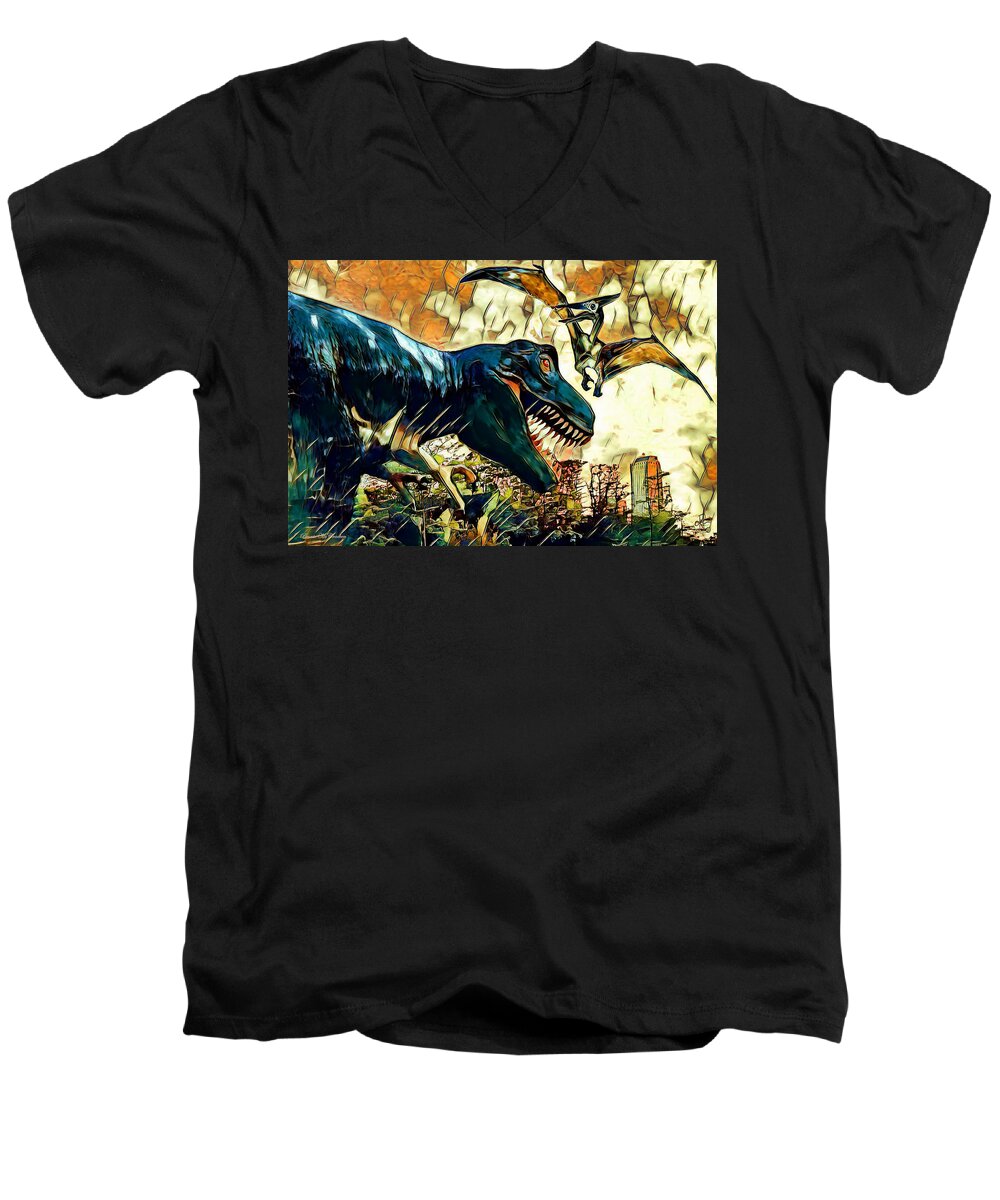 Dinosaurs Men's V-Neck T-Shirt featuring the digital art Escape from Jurassic Park by Pennie McCracken