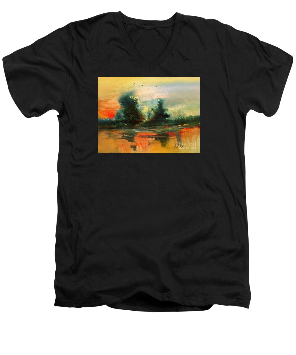 Trees Men's V-Neck T-Shirt featuring the painting Evening Light by Allison Ashton
