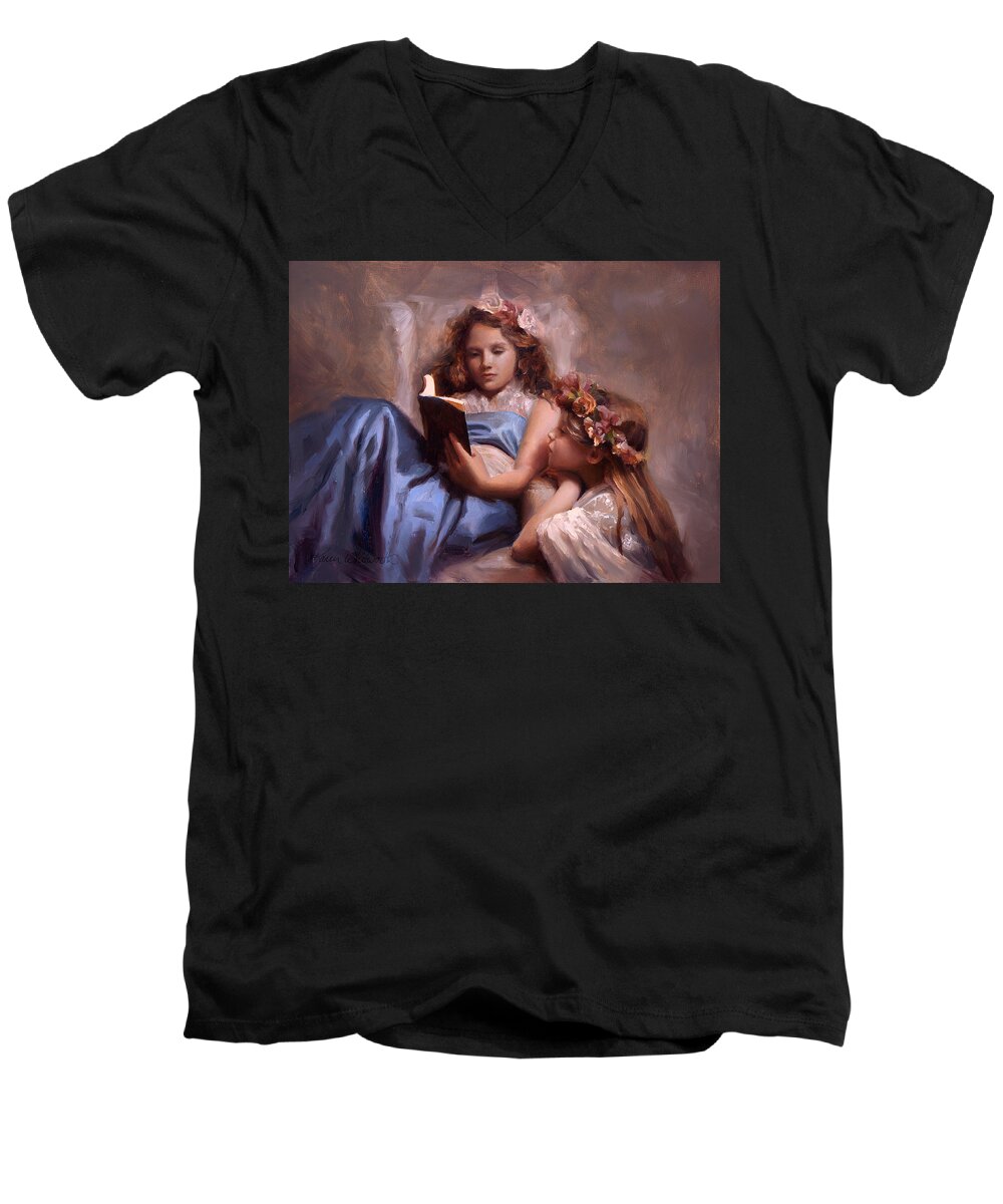 Painting Of Girls Reading Men's V-Neck T-Shirt featuring the painting Fairytales and Lace - Portrait of Girls Reading a Book by K Whitworth