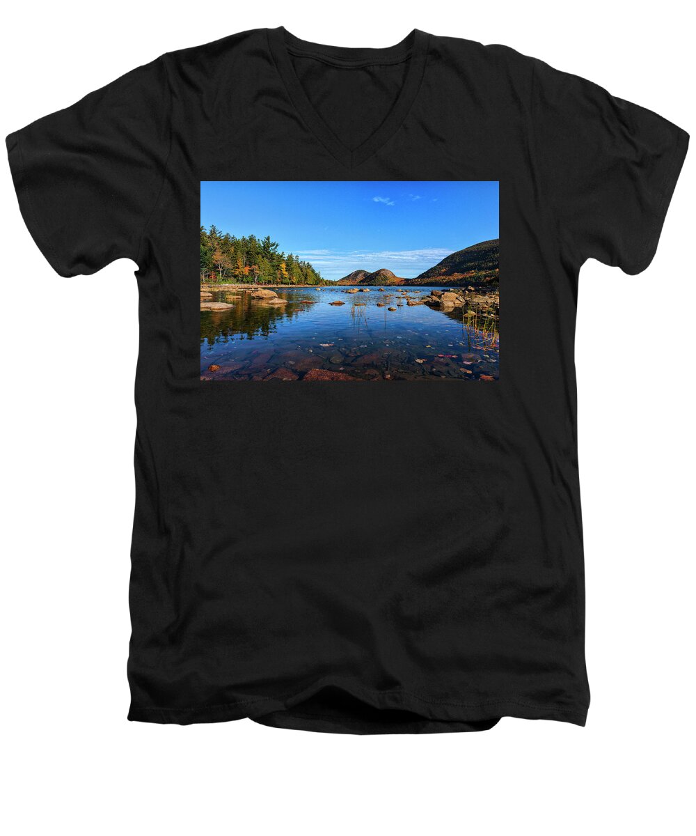 Maine Men's V-Neck T-Shirt featuring the photograph Fall at Jordan Pond by Dennis Kowalewski