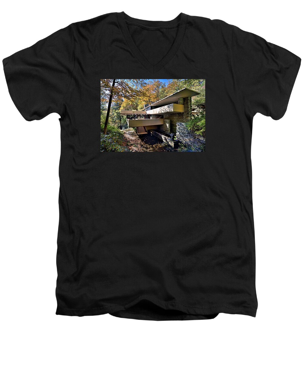 Fallingwater Men's V-Neck T-Shirt featuring the photograph Fallingwater Pennsylvania - Frank Lloyd Wright by Brendan Reals