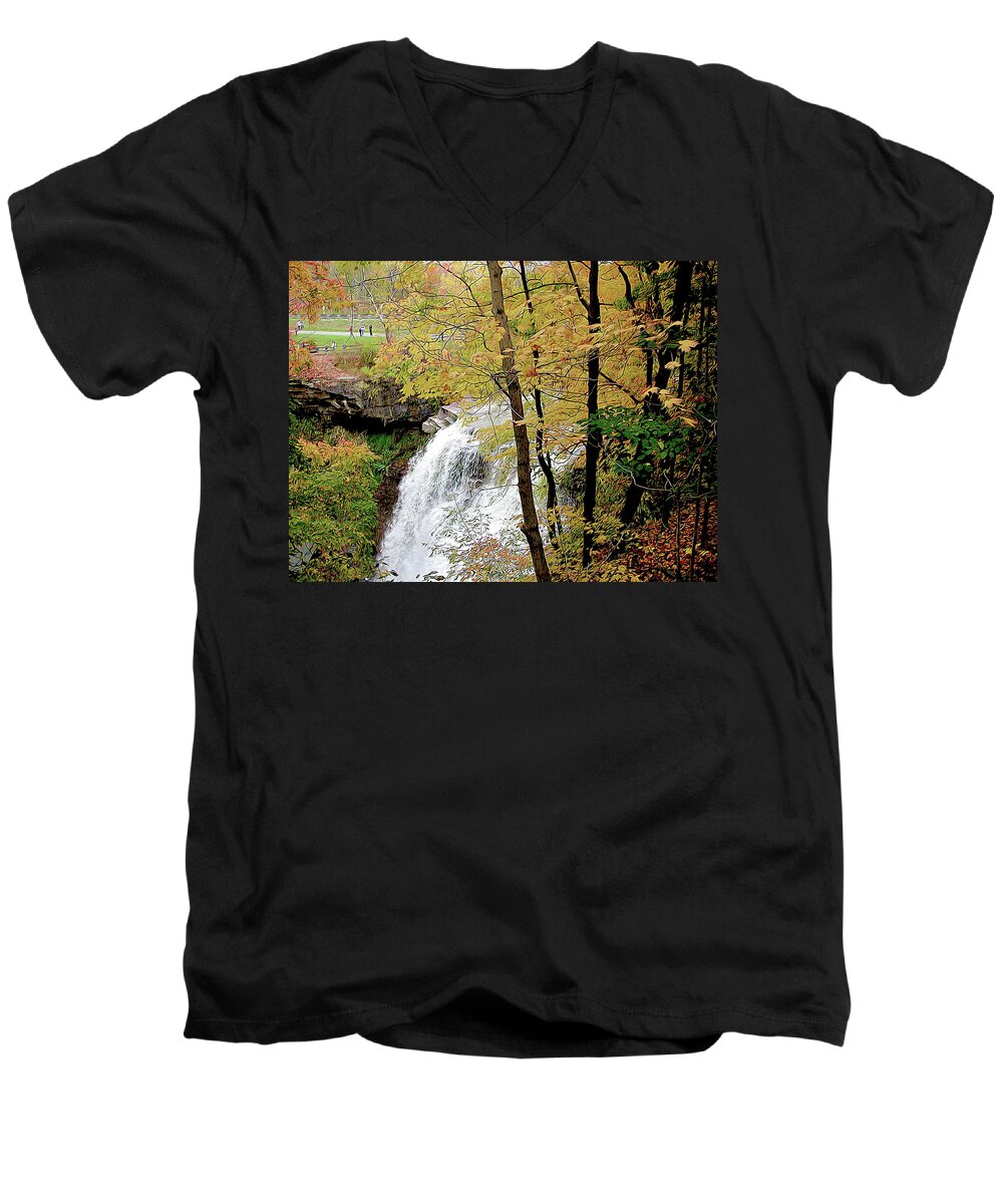 Nature Men's V-Neck T-Shirt featuring the photograph Falls in Autumn by Linda Carruth