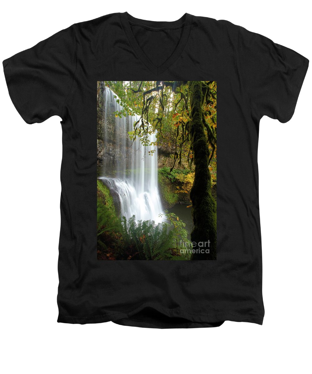 Silver Falls State Park Men's V-Neck T-Shirt featuring the photograph Falls Though The Trees by Adam Jewell