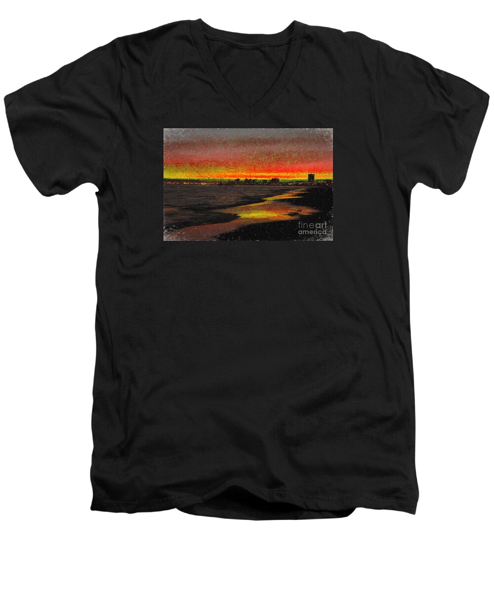Fiery Susnet Men's V-Neck T-Shirt featuring the digital art Fiery Sunset by Mariola Bitner