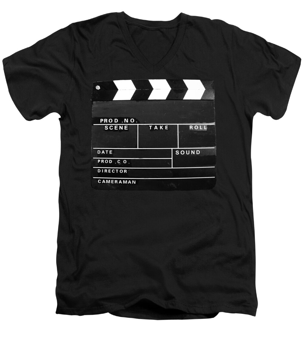 Movie Men's V-Neck T-Shirt featuring the photograph Film Movie Video production Clapper board by Tom Conway