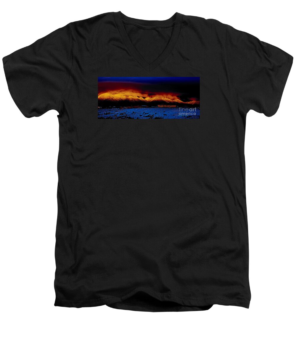 Santafe Men's V-Neck T-Shirt featuring the photograph Fire on the Mountain by Charles Muhle
