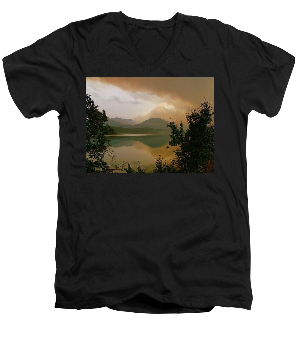 St Mary Lake Men's V-Neck T-Shirt featuring the photograph Fire Over St Mary Lake by Tracey Vivar