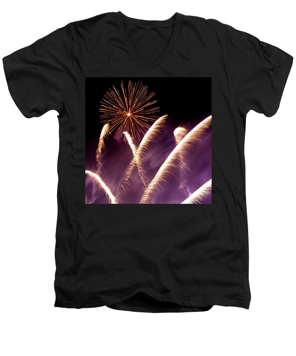 Fireworks Men's V-Neck T-Shirt featuring the photograph Fireworks in the Night by Helen Jackson