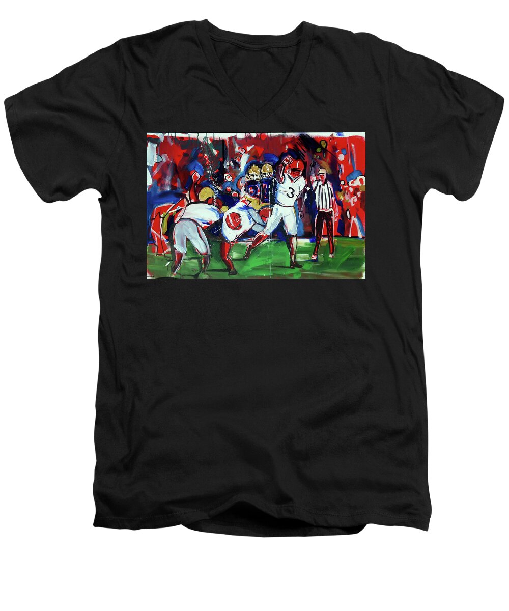  Men's V-Neck T-Shirt featuring the painting First Down by John Gholson