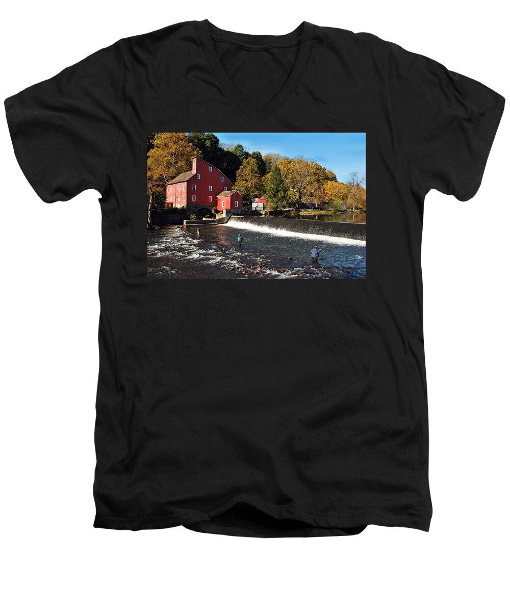 Water Mill Men's V-Neck T-Shirt featuring the photograph Fishing at the Old Mill by Lori Tambakis