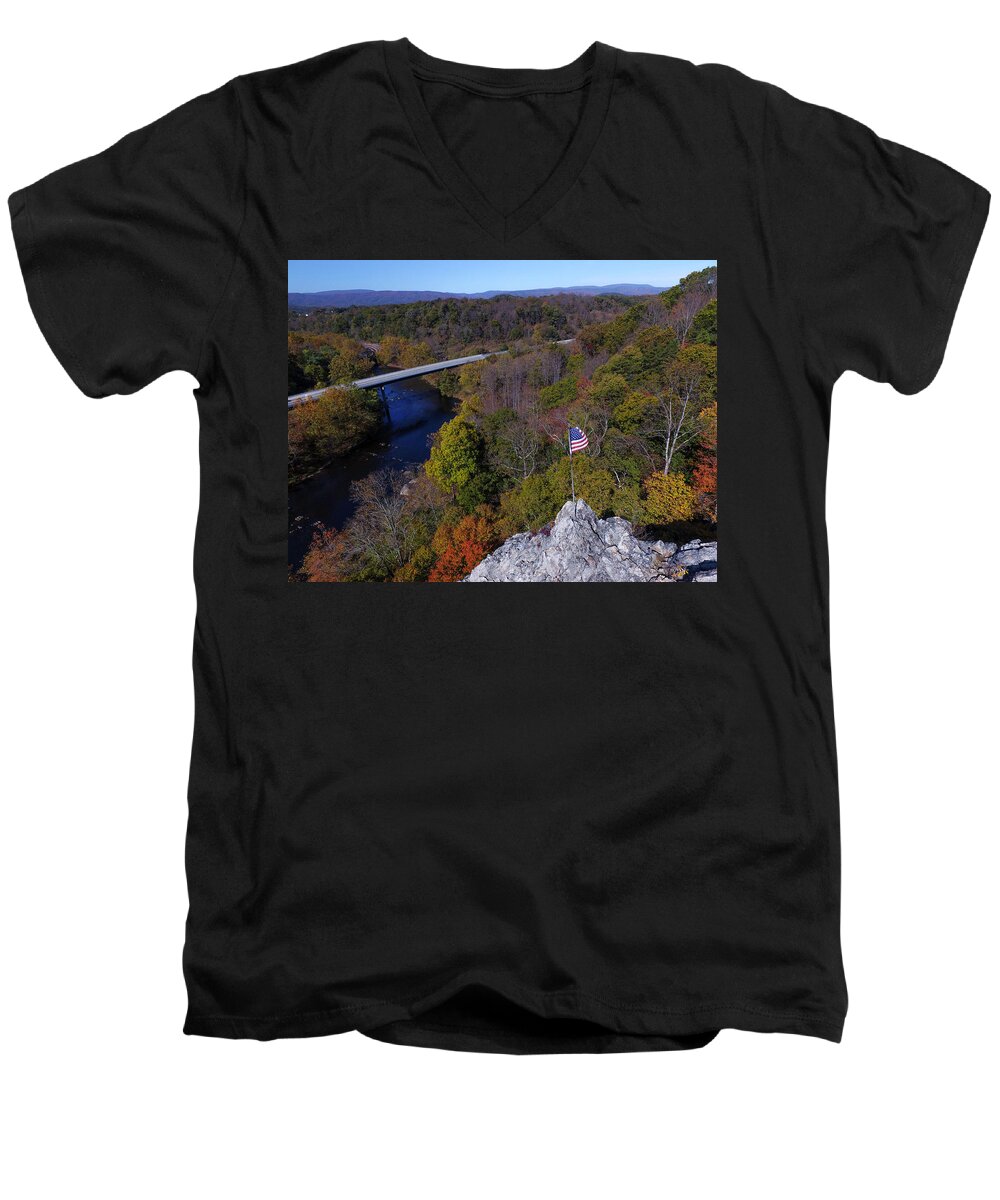 Iron Gate Men's V-Neck T-Shirt featuring the photograph Flag and Highway by Star City SkyCams