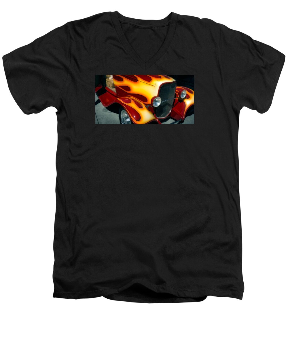 Classic Men's V-Neck T-Shirt featuring the photograph Flaming Hot Rod by Michael Hope