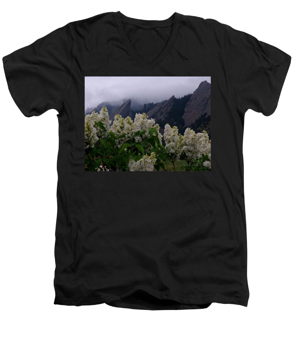 Flatirons Boulder Colorado Lilacs Flowers Spring Landscapes Misty Spring Men's V-Neck T-Shirt featuring the photograph Flatirons white lilacs by George Tuffy