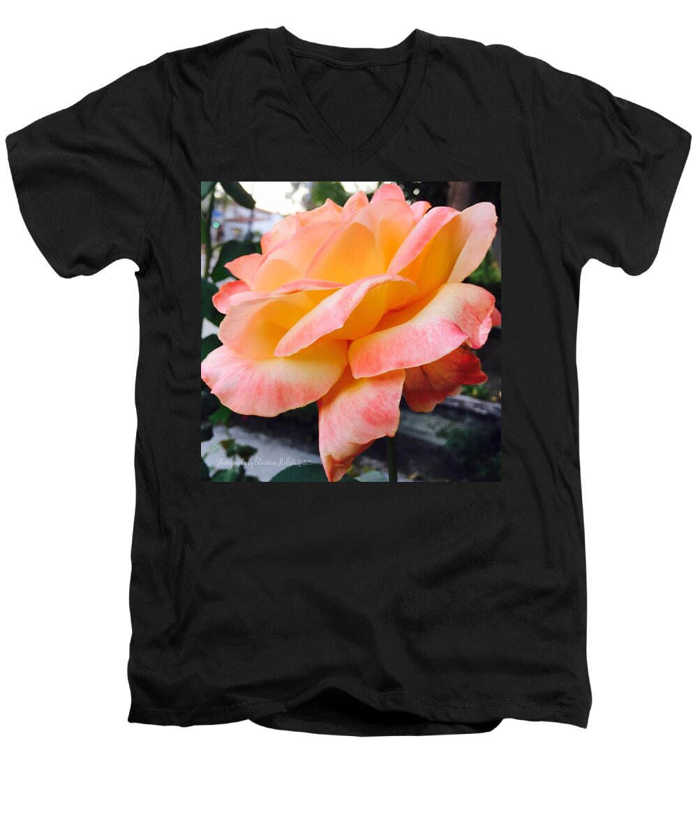 Flowers Men's V-Neck T-Shirt featuring the photograph Floral Yellow Peach Rose 2 by Christine McCole