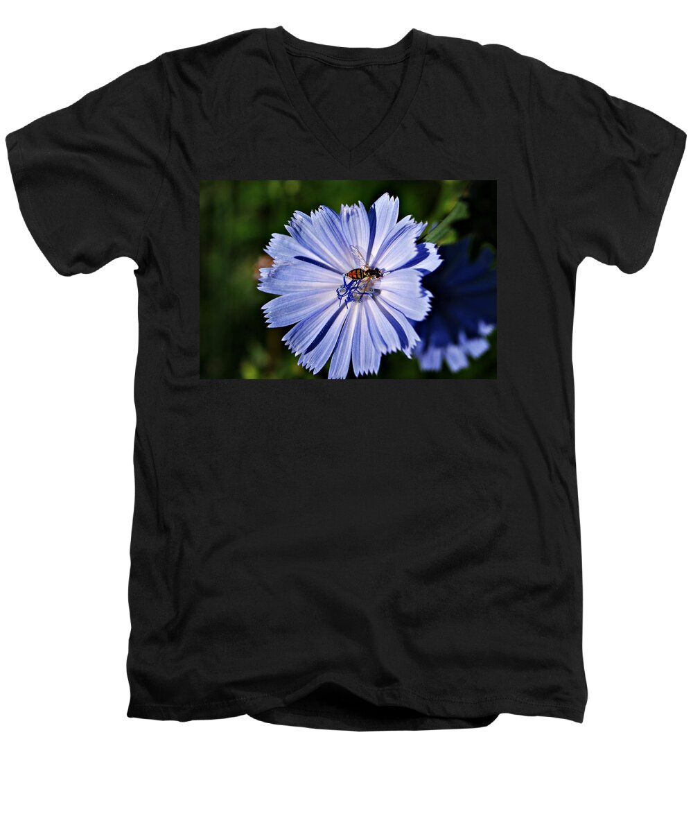 Blue Men's V-Neck T-Shirt featuring the photograph Flower and Bee 2 by Joe Faherty