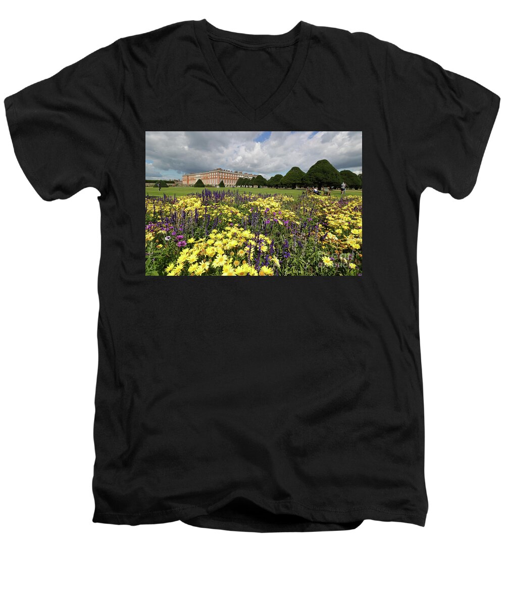 Formal Garden At Hampton Court Palace Men's V-Neck T-Shirt featuring the photograph Flower bed Hampton Court Palace by Julia Gavin