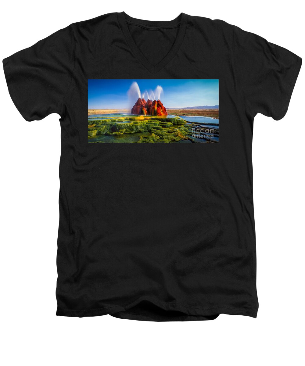 America Men's V-Neck T-Shirt featuring the photograph Fly Geyser Panorama by Inge Johnsson