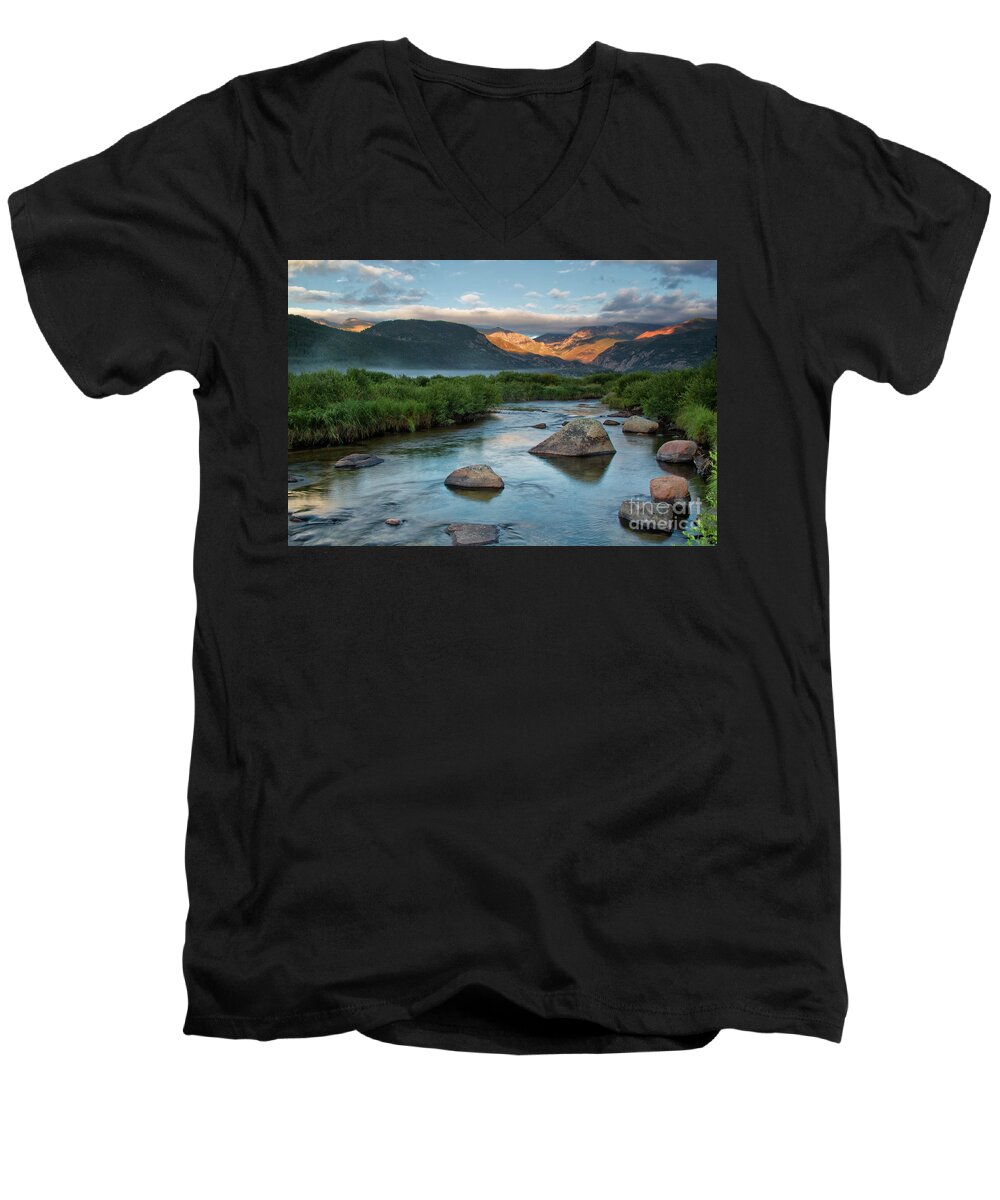 Rocky Mountain National Park Men's V-Neck T-Shirt featuring the photograph Fog Rolls in on Moraine Park and the Big Thompson River in Rocky by Ronda Kimbrow